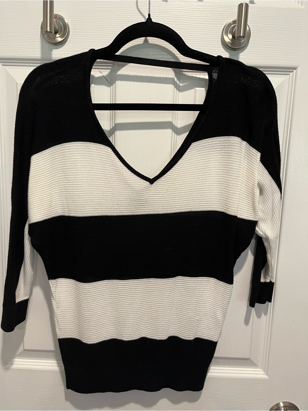 Express Black and White Striped V-Neck Sweater
